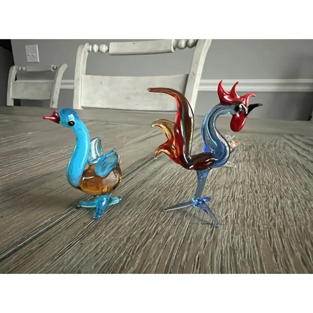 Hand Blown Glass Bird Figurines Swan, Ducks, & A Rooster Miniature Art Glass Set